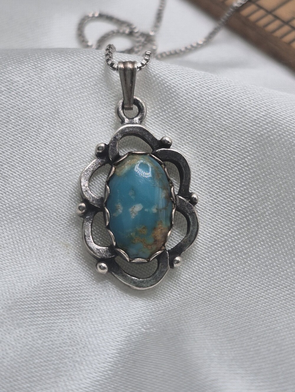 Turquoise Oval Pendant W Scallop Edges, Necklace 18".  Navajo Native American